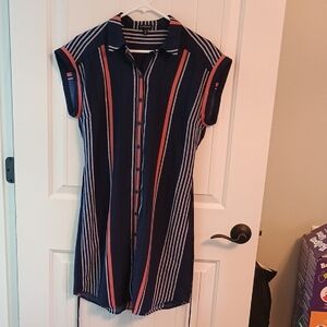 Express Belted Striped Navy and Coral Mini Dress-knee Length